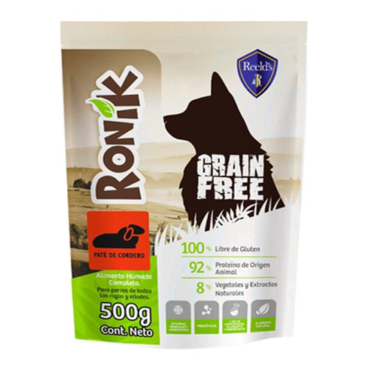 Comida humeda para perro RONIK GRAIN FREE CORDERO sobre de 500gr