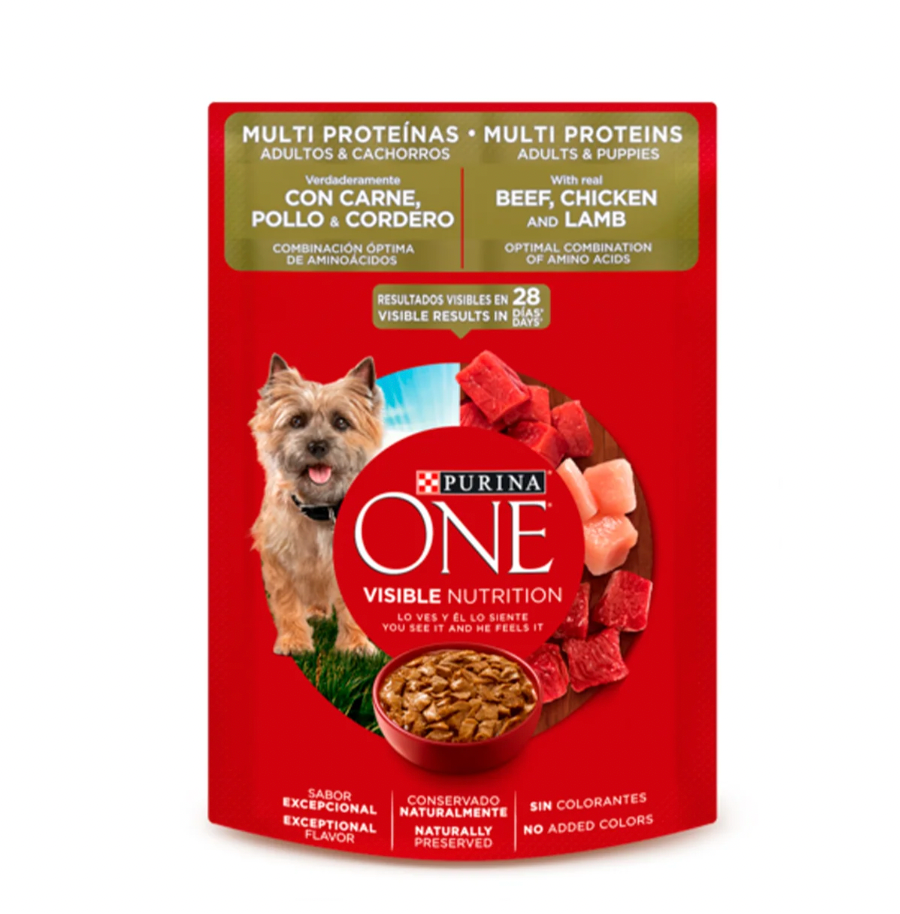 PURINA ONE MULTI PROTEINAS COMIDA HUMEDA PARA PERROS ADULTOS Y CACHORROS CARNE, POLLO Y CORDERO